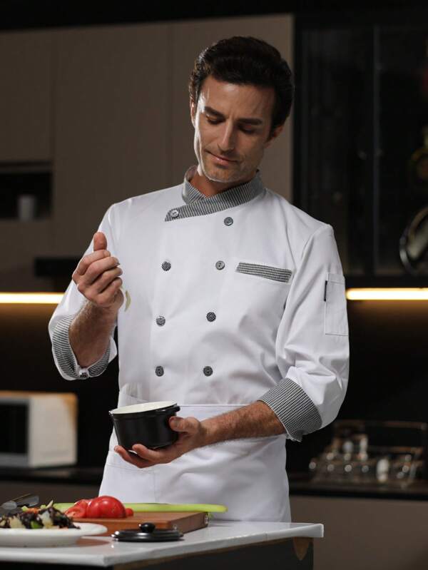 Uniforme de chef de manga larga, color blanco, diseño de cuello francés, resistente, lavable, tela resistente a las pelusas, suave para la piel, resistente al color, adecuado para hoteles, restaurantes, panaderías, cafeterías, cocinas, comedores, diseño unisex para hombres y mujeres, apto para primavera/otoño/invierno