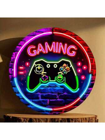 1pc Vintage Neon Game Sign - 19.81cm Round Metal Flat Print Wall Art, Weather-Resistant Decor For Home, Gym, Cafe, Bar, Garage, Garden - Perfect Gift For Gamers & Collectors, Great For Room Decoration, Random Hole Position