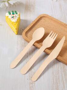 1Set Disposable Wooden Cutlery Set Including Knife, Fork And Spoon For Party Gathering, Holiday, Birthday Party Supplies, Wedding Decor And Home Decoration, Birthday Decoration,For Home Kitchen Restaurant Hotel, Kitchen Supplies, Tableware Accessories - Wood Color - View 8