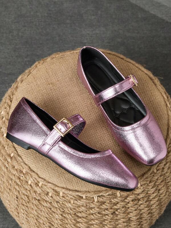 Zapatos planos elegantes de verano para mujer con diseño Mary Jane, punta cuadrada, cómodos y minimalistas con patrón de agrietado, hebilla dorada de alta gama, estilo francés elegante en color rosa