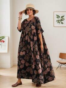 Đầm đi biển phong cách Bohemian mới năm 2026, cổ tròn, in hoa, dáng rộng, kiểu dáng xòe, cỡ lớn, màu đen thanh lịch. - màu đen - Xem 10