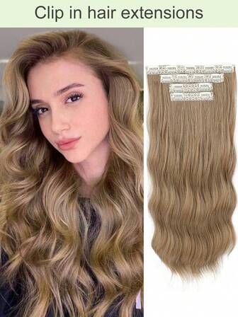 夾式彩色人毛假髮,20英寸長波浪合成纖維,厚實柔軟,適用於女性日常使用派對（淺棕色）