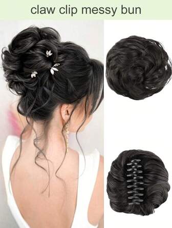 女士爪夾亂捲曲髮製造型片,亂捲波浪曲髮製造型片,頭髮夾式合成髮型片插棕櫚製造型(黑色)