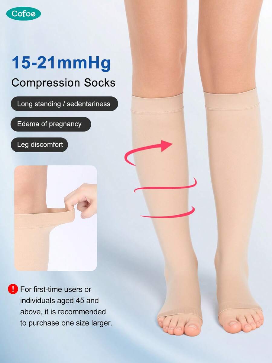 Cofoe 1 双小腿压缩袜 15-21mmHg 膝盖抗疲劳压缩袜露趾腿袜适合运动跑步、徒步旅行、孕妇男女 - 膚色 - 查看 1