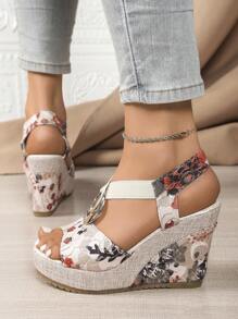 2024 New European Women Wedge Thick Sole Sandals, Spring Summer Outdoor Versatile Buckle Sandals, Model Stage Sexy Shoes, Color Block Floral Beach Casual Slippers, Comfortable Open Toe Shoes, Green Floral Print Platform Sandals For Petite