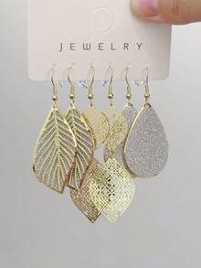 6pcs Fashionable And Versatile Leaf And Water Drop Shaped Geometric Earrings Suitable For Women To Wear On Any Occasion - Multicolor - View 5