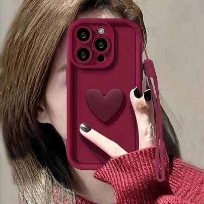 1 pieza Funda de silicona con elemento de corazón de unicolor exquisito compatible con iPhone | Colgante hueco del mismo color + Cordón de silicona | Perfecto para uso diario/viajes/negocios | A prueba de golpes, antideslizante y resistente a arañazos | Compatible con iPhone 17/16/15/14/13/12/11 ProMax/Pro/Plus, compatible con Samsung, Honor | Regalo de cumpleaños, aniversario o Día de la Madre