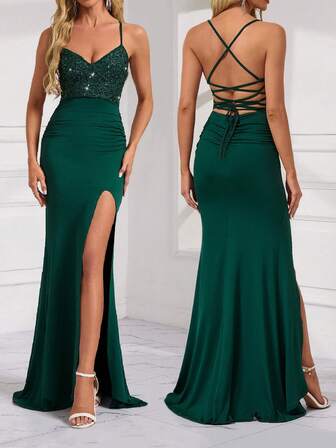 女式深绿色闪光拼接性感高开衩深 V 领露背褶饰美人鱼下摆紧身派对礼服，适合约会、派对、婚礼、宴会、晚礼服、正式场合，适合婚礼宾客