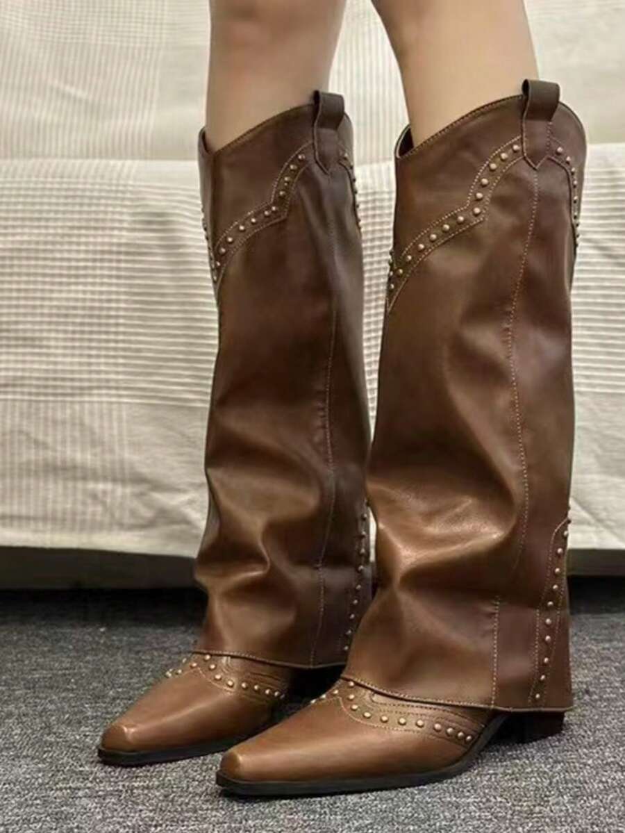 Women's Brown High Heel Boots, Vintage Rivet High-Leg Shaft Boots, French Style Versatile Western Cowgirl Boots, Suitable For Petite - Brown - View 1