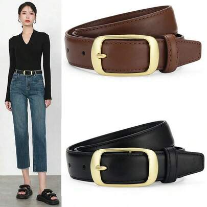 1pc Women's Leather Belt, Suitable For Jeans, Casual Pants, 2 Color Options: Black/Brown, Gold Buckle, Fits S/M Waist Summer, School