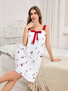 Women's Cherry Fruit Print Camisole Slip Dress, Sleepwear & Lounge Wear With Bubble Ruffle, Built-In Bra And Princess Style, Moo Moo - Red - View 4