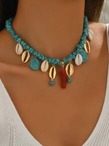 1pc Fashionable & Elegant Bohemian Turquoise Seashell Pendant Necklace For Women, Summer Holiday Jewelry
