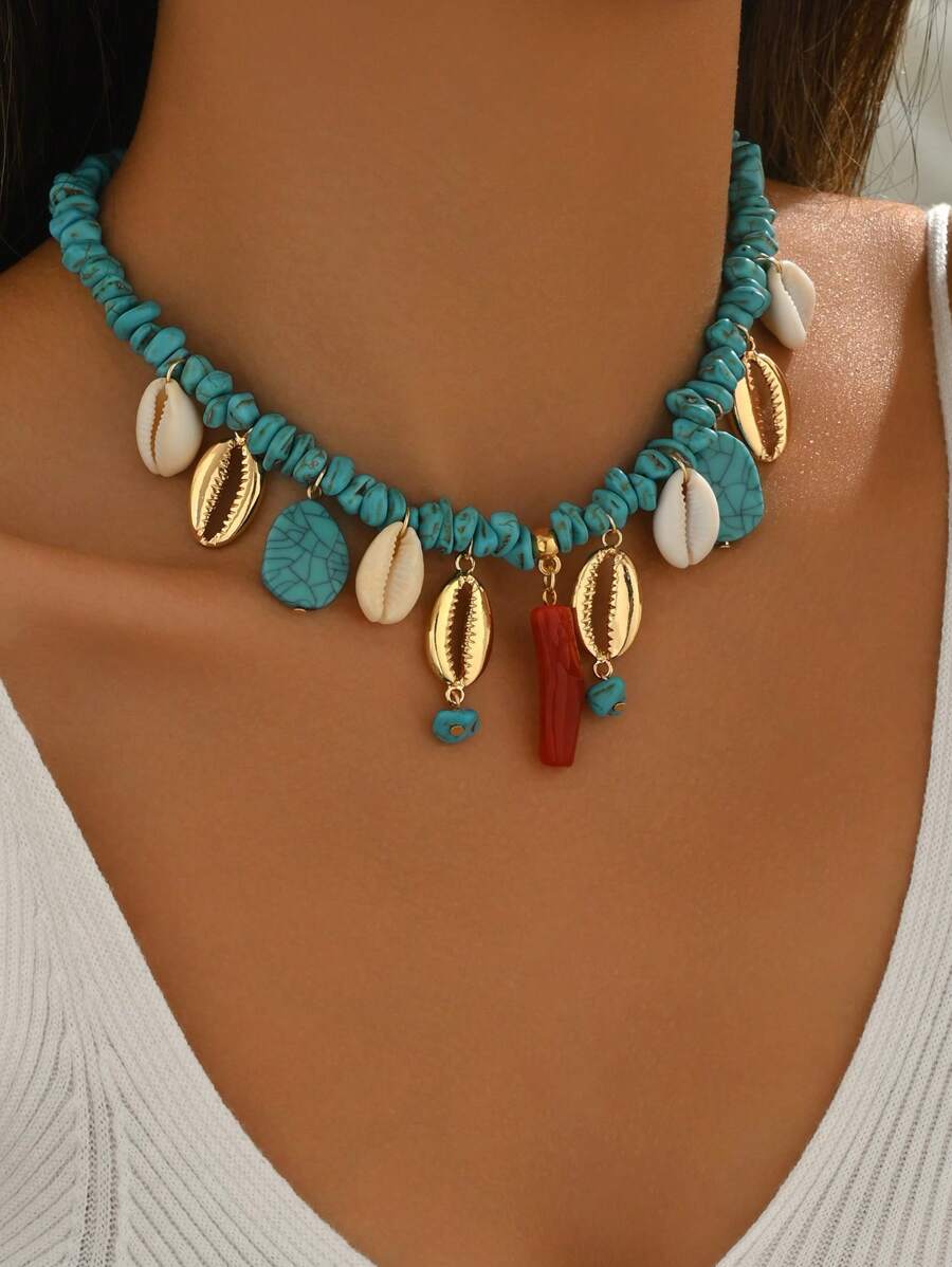 1pc Fashionable & Elegant Bohemian Turquoise Seashell Pendant Necklace For Women, Summer Holiday Jewelry