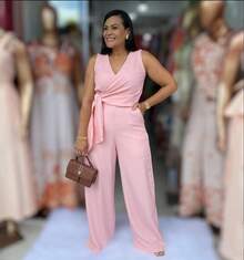Long Wrap Jumpsuit With V-Neckline - Light Pink - View 4