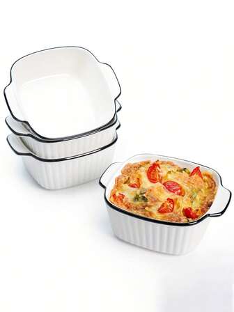 1/4 套装，13 盎司陶瓷烤盘，黑色边缘方形烤盘，适用于空气炸锅的小型烤盘，带手柄的陶瓷烤盘，适用于烤箱、微波炉、洗碗机，厨房用具，甜点碗，水果碗