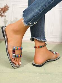 2025 New See-Through Crystal Rhinestone Embellished Square Buckle Sandals, Fairy Style - Silver - View 4