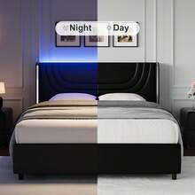 Bed Frame With LED Lights, Platform Bed Frame With Wingback Headboard, No Box Spring Needed, Twin/Full/Queen, Pink/Black/Beige - Black - View 6