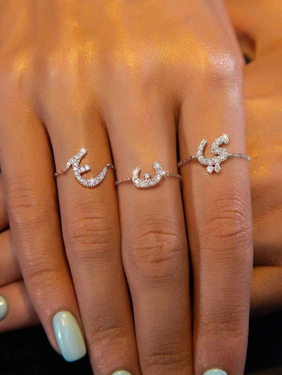1 Stück 925 Sterling Silber eleganter & einfacher arabischer Buchstaben Ketten-Verstellbarer Ring als Geschenk für Frauen, Hochzeit, Geburtstag, Muttertag - Brief - Übersicht 1