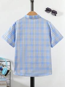 Boys' Casual Plaid Polo Collar Short Sleeve Shirt, Suitable For Daily Wear, Outing, Vacation, Party - Blue - View 2