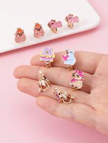 12pcs/Set Cute Cartoon Capybara Clip-On Earrings, Jewelry Set For Girls, Daily Wear, Birthday Gift - Multicolor - View 2