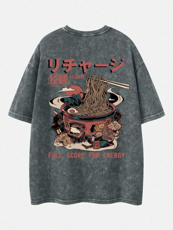 Shwiy Men's Street Casual Distressed Effect Retro Ramen & Cartoon Letter Print Short Sleeve T-Shirt