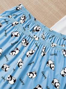 Conjunto de pijama de 3 piezas con estampado de panda, que incluye camiseta de manga corta de cuello redondo, shorts de cintura elástica, pantalones casuales, ropa de dormir y de estar en casa cómoda para mujer