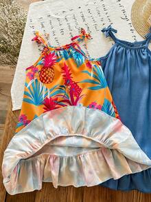 2pcs/Set Girls Fashion Casual Plant Print Dress & Solid Blue Dress, Suitable For Party, Casual, Beach Vacation Wear, Summer - Multicolor - View 5