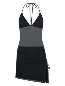 Solid Color Drawstring Open Back Halter Split Hem Sexy Dress Black Summer Party Elegant - Black - View 8