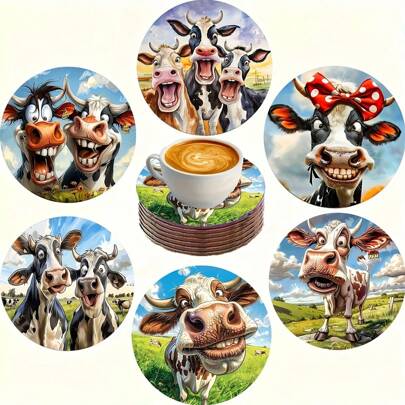 Conjunto de 6 interessantes bases para copos de madeira em formato de vaca, tapetes para bebidas resistentes ao calor, decoração para cozinha e sala de estar, superfície sintética, acessórios para mesa de jantar