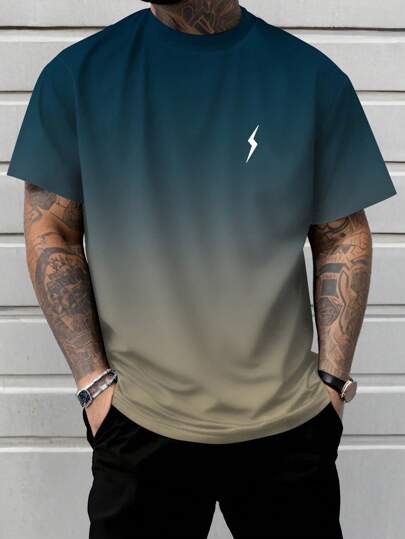 Plus Size Men's Ombre Lightning Print Fashion Short Sleeve Round Neck T-Shirt