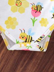 3pcs Baby/Baby Girl Summer Sleeveless Cute Cartoon Bee & Floral Print Bodysuit Set
