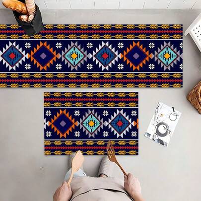 1 adet Vintage Bohem Desen Baskılı Kaymaz Silika Jel Mutfak Matı, Oturma Odası, Yatak Odası, Koridor, Banyo, Çamaşır Odası İçin 3D Baskılı Dikdörtgen Halı - Polyester Halı, İç ve Dış Mekan Ev Dekorasyonu İçin Uygun