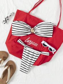 New Summer Women 2pcs Striped Bikini Set With Detachable Straps, Casual Beach Holiday Swimwear Vacation - Black and White - View 1