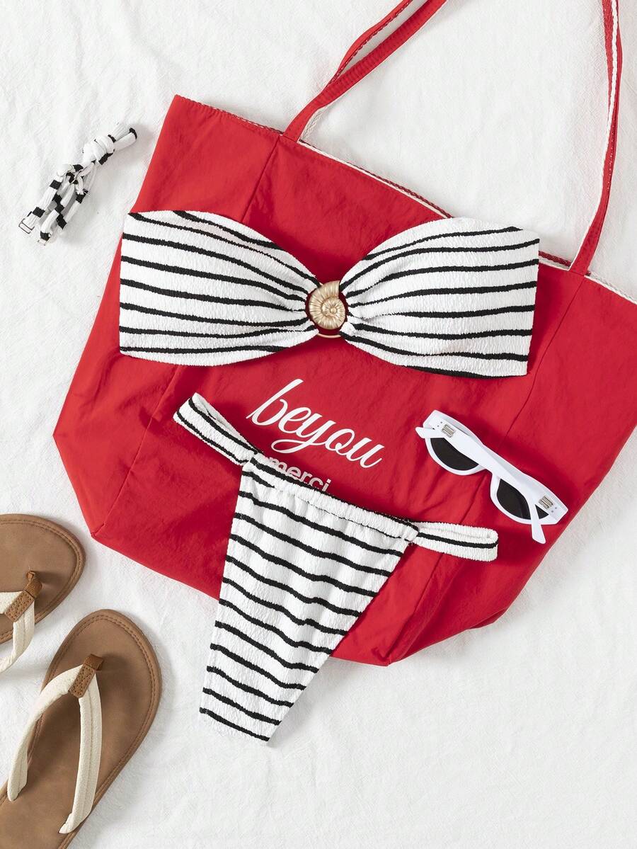 New Summer Women 2pcs Striped Bikini Set With Detachable Straps, Casual Beach Holiday Swimwear Vacation - Black and White - View 1