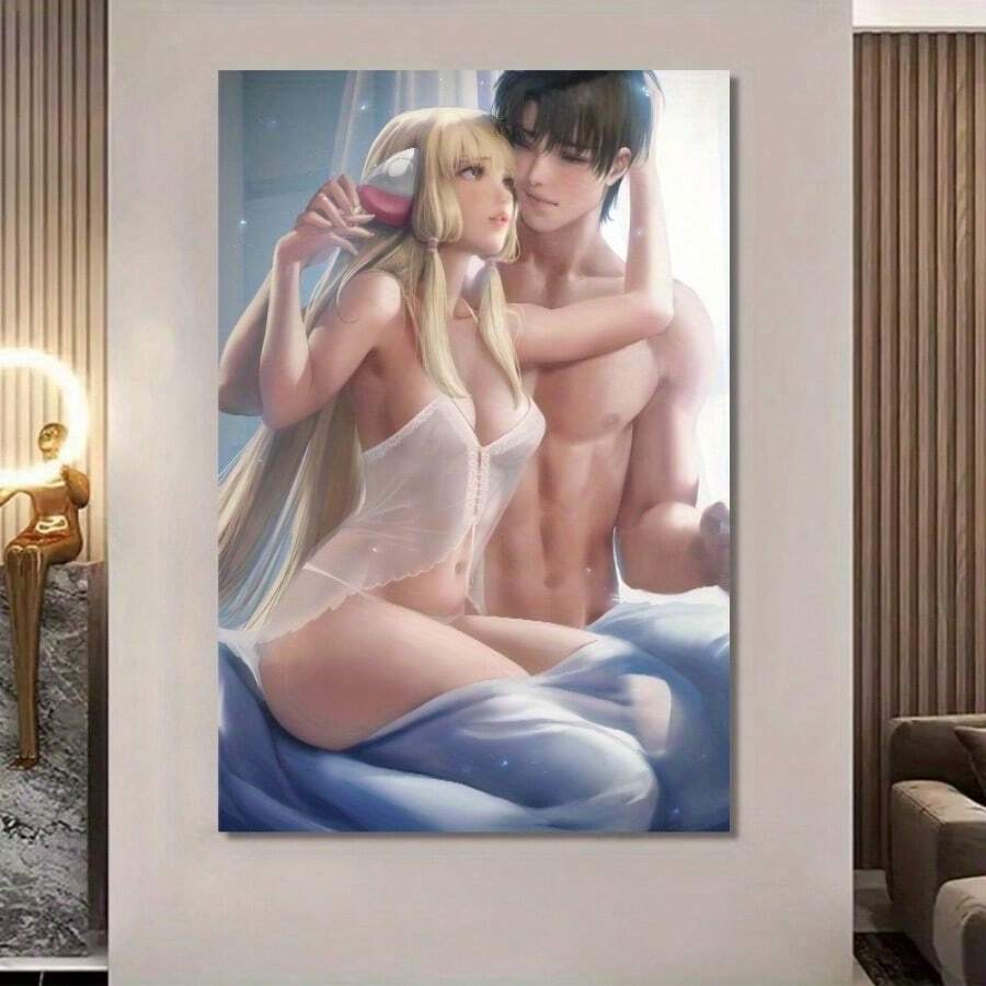 1 pieza, Obra de arte de lienzo con pareja de dibujos animados, póster de novia adorable, hermoso regalo de decoración del hogar - 1 pieza de pintura al óleo enmarcada en madera (3) con grosor de 2,5 cm / 1 pulgada - Decoración del hogar para todo tipo de ocasiones - Regalo ideal para Año Nuevo, Día de San Valentín, Acción de Gracias, Pascua, Navidad, decoración de habitaciones con estética, arte de decoración de paredes, regalo perfecto, decoración de paredes para otoño e invierno, decoración de sala de estar, dormitorio, cocina, entrada, baño, pintura mural directa, póster de pintura de pared de alta calidad - Azul - Ver 1
