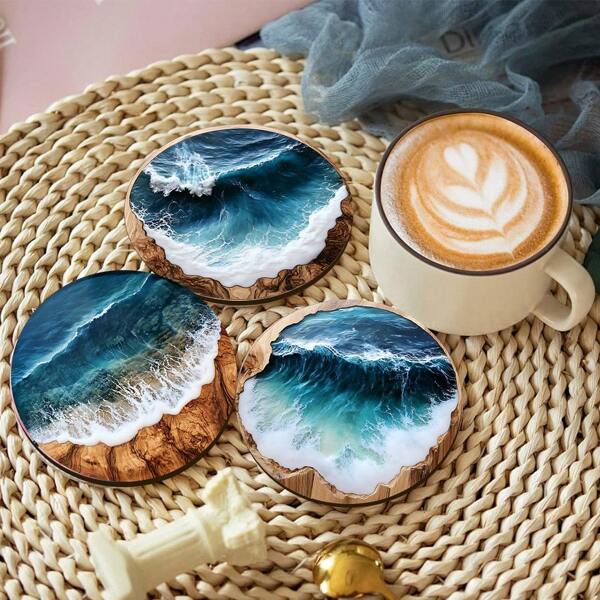 4pcs Blue Ocean Round Wooden Coasters Home Cafe Party Table Dress Up Coasters Placemats Supplies