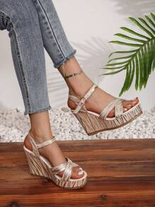Bohemian Summer New Thick Bottom Wedge Strap Round Toe High Heel Sandals For Women