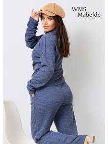 WMS Women's Woolen Ribbed Crew Neck Pants Set SimpleElegantCasualCutePocket - 藍色 - 查看 2