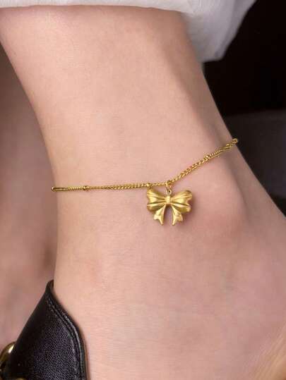 1 chiếc vòng chân mặt dây chuyền hình quả cầu và nơ vàng bằng thép titan tối giản, thanh lịch, thích hợp để đeo hàng ngày, quà tặng cho bạn gái/chị gái.