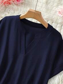 Plus Size Women's Solid Color Cut-Out Short Sleeve Shirt Summer - Navy Blue - View 4
