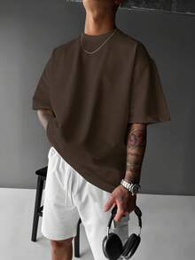 Men's Solid Color Round Neck Casual Loose Short Sleeve T-Shirt, Daily Wear For Summer - Cà phê nâu - Xem 4