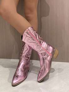 Fall/Winter Women's Fashionable Versatile Embroidered Chelsea Silver Boots,Western Style,Cowboy Boots,Party Outfits - Pink - View 2
