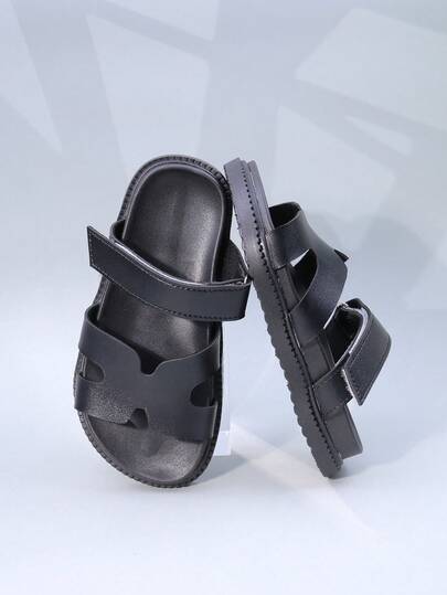 1 双儿童简约纯色皮革休闲一脚蹬凉鞋，舒适轻便双带设计平底沙滩鞋/日常穿着