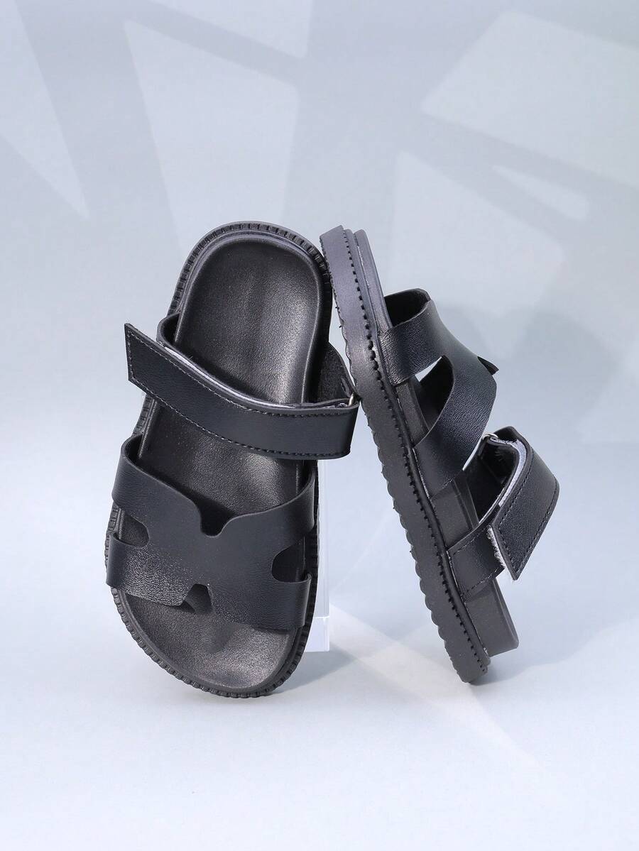 1 Đôi Dép xỏ ngón bằng da trơn màu đơn giản cho trẻ em, thiết kế quai đôi nhẹ, thoải mái, đi biển/mặc hàng ngày - màu đen - Xem 1