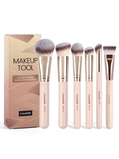 MAANGE 6件套专业面部化妆刷套装，带纸盒，包含粉底刷、轮廓刷、腮红刷、眼影刷、晕染刷，刷毛柔软，适用于粉状、液体、膏状化妆品，方便携带，是旅行的理想之选。套装包含：化妆刷套装、化妆刷套装、全套化妆刷、化妆套装、化妆礼盒套装。