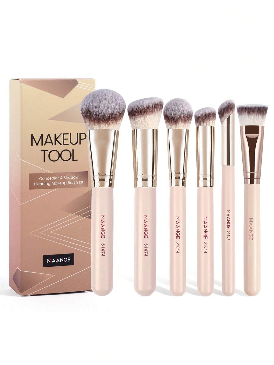 MAANGE 6pcs Professional Facial Makeup Brush Set With Paper Box ,Foundation Brush,Contour Brush,Blush Brush,Eyeshadow Brush,Blending Brush,Makeup Brush With Soft Fiber For Powder,Liquid,Cream For Easy Carrying,Brush For Travel. - 杏色 - 查看 1