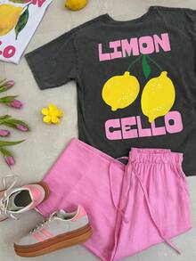 Lemon Graphic Casual Round Neck Short Sleeve Tee For Women - Grey - View 3