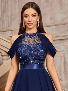 MIUSOL Elegant High Neck Sequin Floral Lace Off-Shoulder Evening Maxi Dress