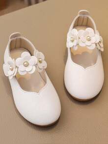 Fashionable & Elegant Floral Mary Jane Shoes For Girls, Comfortable Lightweight Non-Slip Soft Bottom Flat Shoes, Suitable For Performance, Party, All Seasons - White - View 1