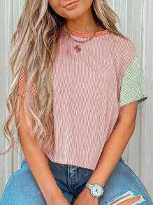 Acelitt Camiseta de verano casual de mujer con cuello redondo, manga corta, en estampado de bloque de color, textura a rayas y diseño de patchwork multicolor